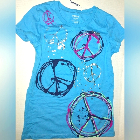 ☆NWT☆OLD NAVY☆Girls Beautiful Blue Peace Sign Print Short Sleeve T-shirt ~Med~ - Picture 4 of 11